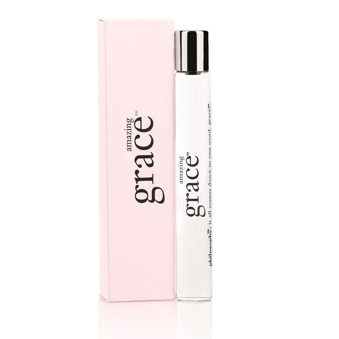 Philosophy Amazing Grace rollerball fragrance with pink box and clear glass bottle with silver cap
