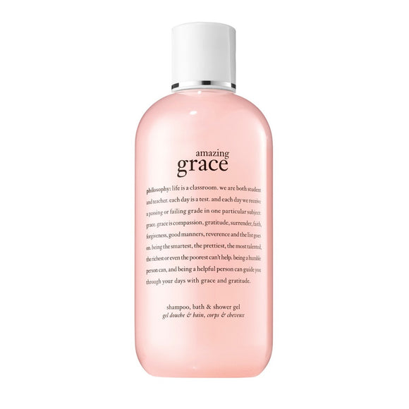 Philosophy amazing grace shower gel in a pink bottle with white cap and inspirational text on front