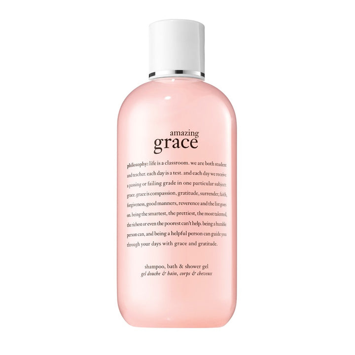Philosophy amazing grace shower gel in a pink bottle with white cap and inspirational text on front