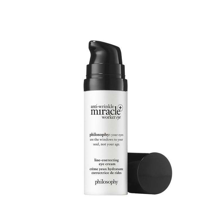 Philosophy anti wrinkle eye cream Miracle Worker line-correcting eye cream in white and black pump bottle