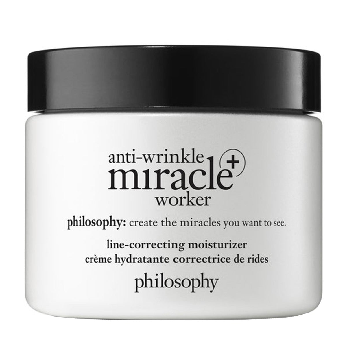 Philosophy anti-wrinkle face moisturizer Miracle Worker line-correcting cream in white jar with black lid