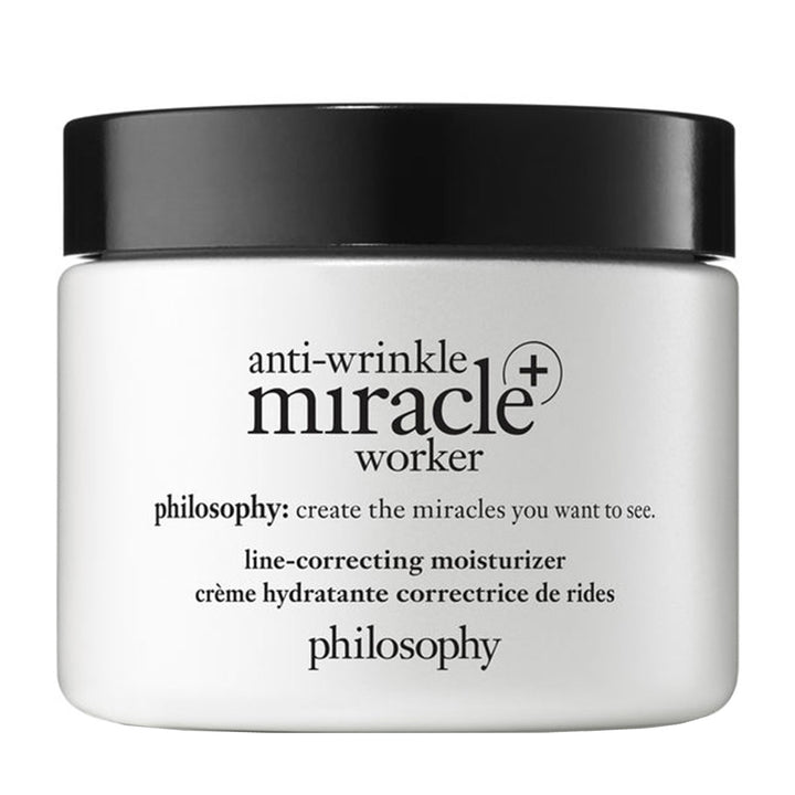 Philosophy anti-wrinkle face moisturizer Miracle Worker line-correcting cream in white jar with black lid