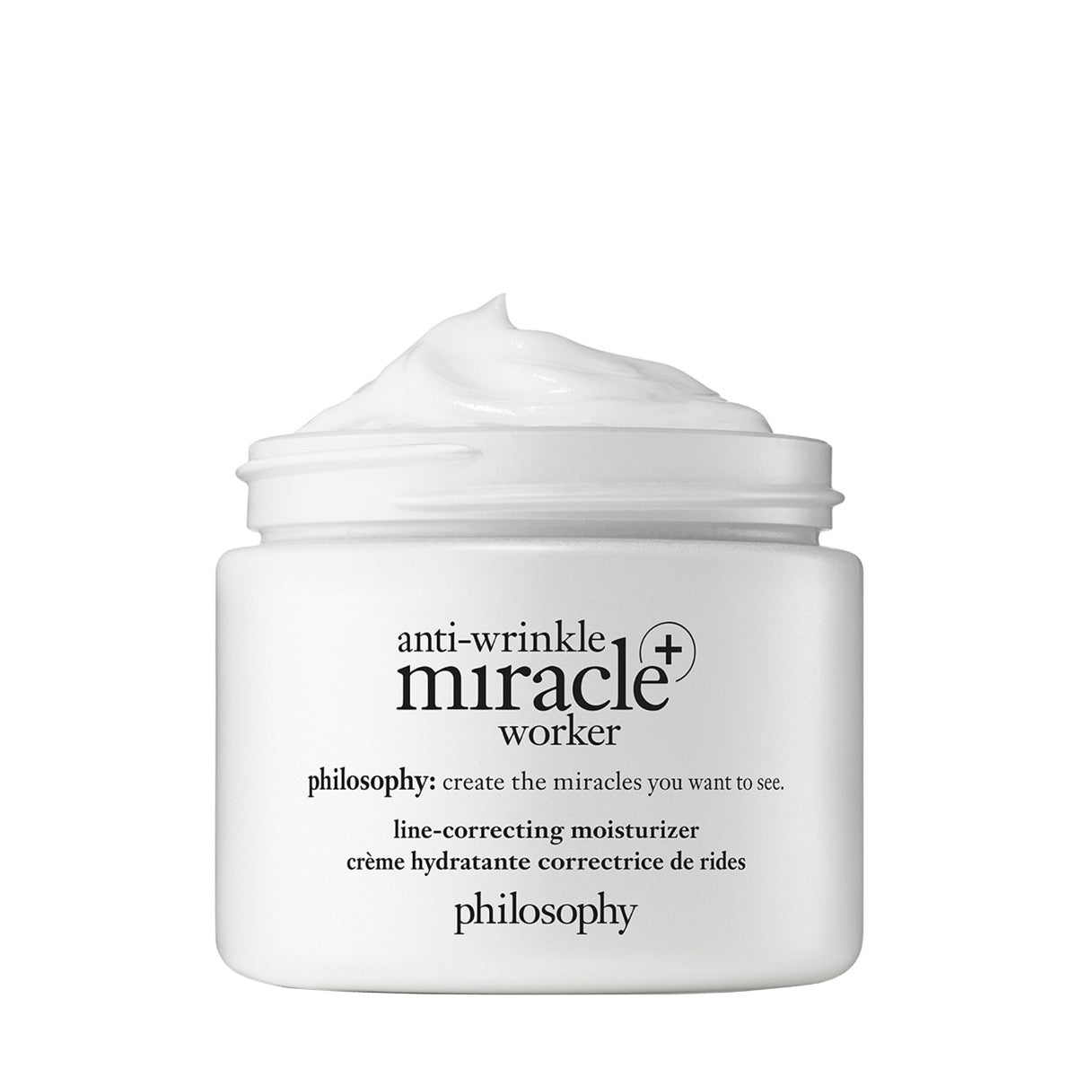 Philosophy anti-wrinkle face moisturizer Miracle Worker line-correcting cream in a white jar with cream texture