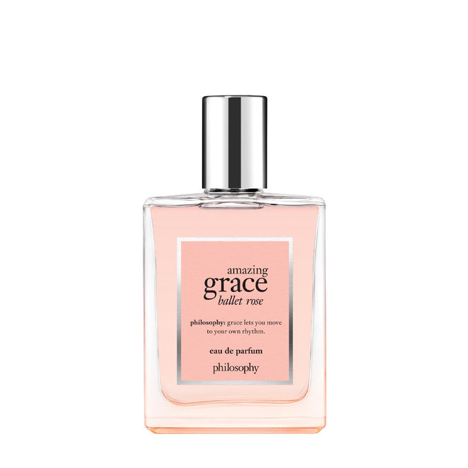 Philosophy Ballet Rose perfume bottle with pink fragrance and silver cap in clear glass container
