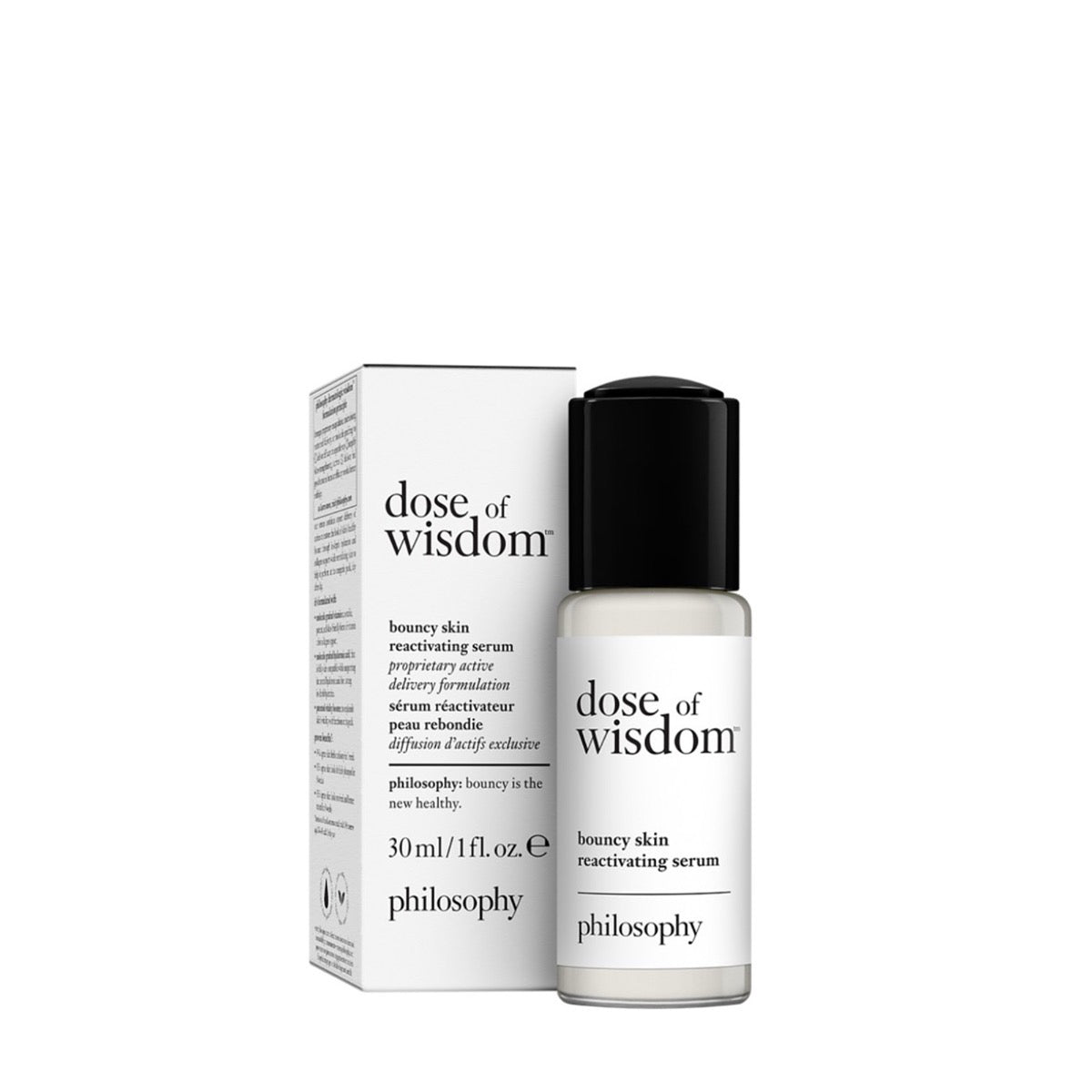 Philosophy Dose of Wisdom bouncy skin serum in 30ml white bottle with black cap and packaging box