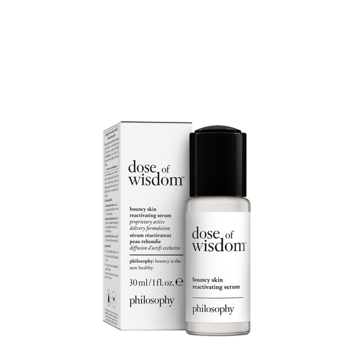 Philosophy Dose of Wisdom bouncy skin serum in 30ml white bottle with black cap and packaging box