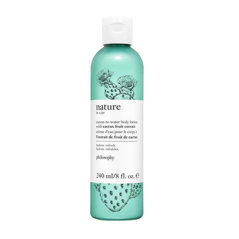 Philosophy Nature cream to water body lotion with cactus fruit extract in a 240 ml turquoise bottle