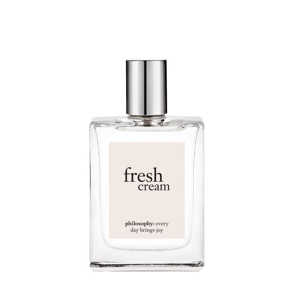 Philosophy Fresh Cream perfume with clear glass bottle and silver cap on white background