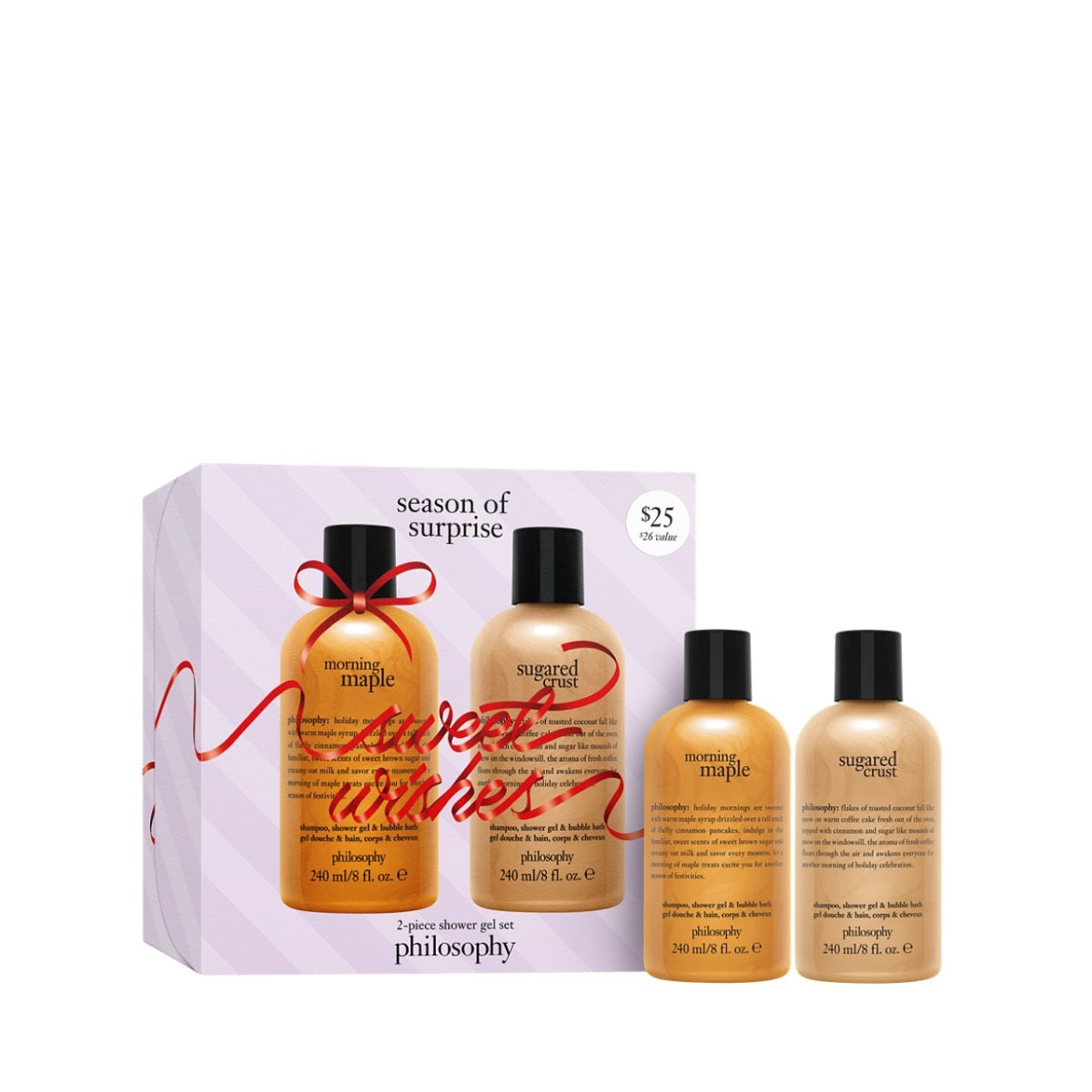 Philosophy gift set duo with Morning Maple and Sugared Crust shower gels in amber bottles