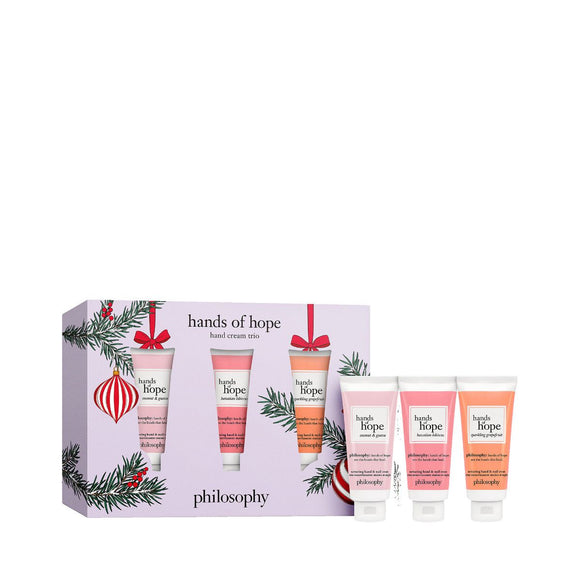 Philosophy Hands of Hope gift set with three hand creams in festive holiday packaging