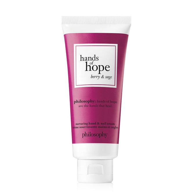 Philosophy Hands of Hope hand cream in berry and sage scent with white and purple packaging