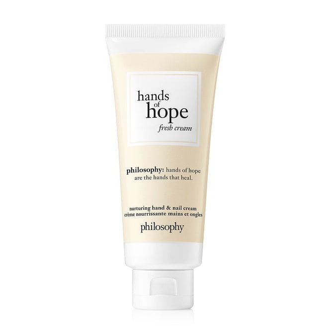Philosophy Hands of Hope hand cream in beige tube with white cap for nourishing hands and nails