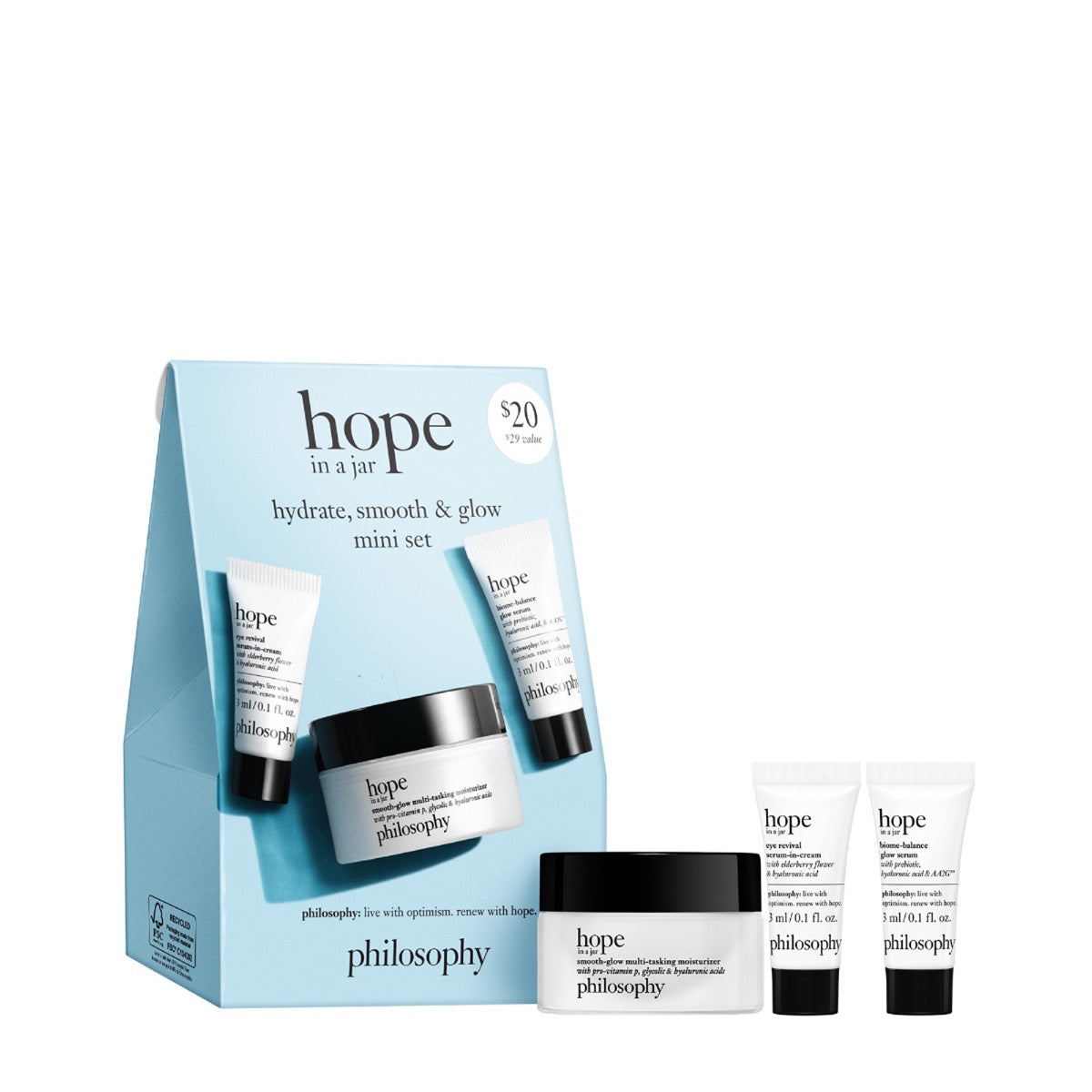 Philosophy Hope in a Jar mini set with hydrate smooth and glow skincare products in travel size