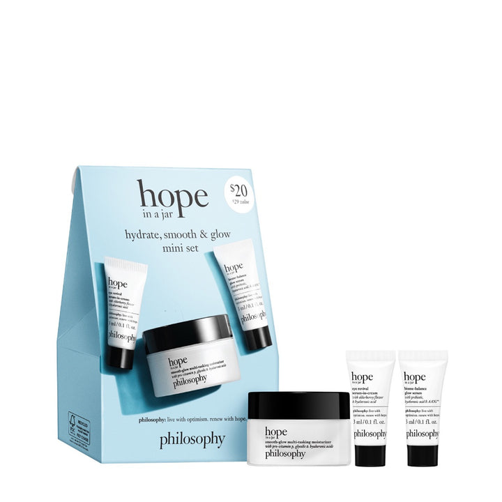 Philosophy Hope in a Jar mini set with hydrate smooth and glow skincare products in travel size