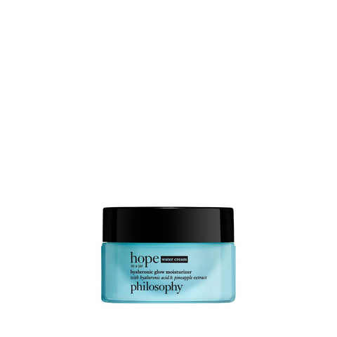 Philosophy hyaluronic glow moisturizer in blue jar with black lid for hydrated glowing skin
