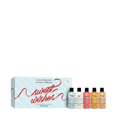 Philosophy gift set for women with five colorful scented body care bottles and sweet wishes packaging