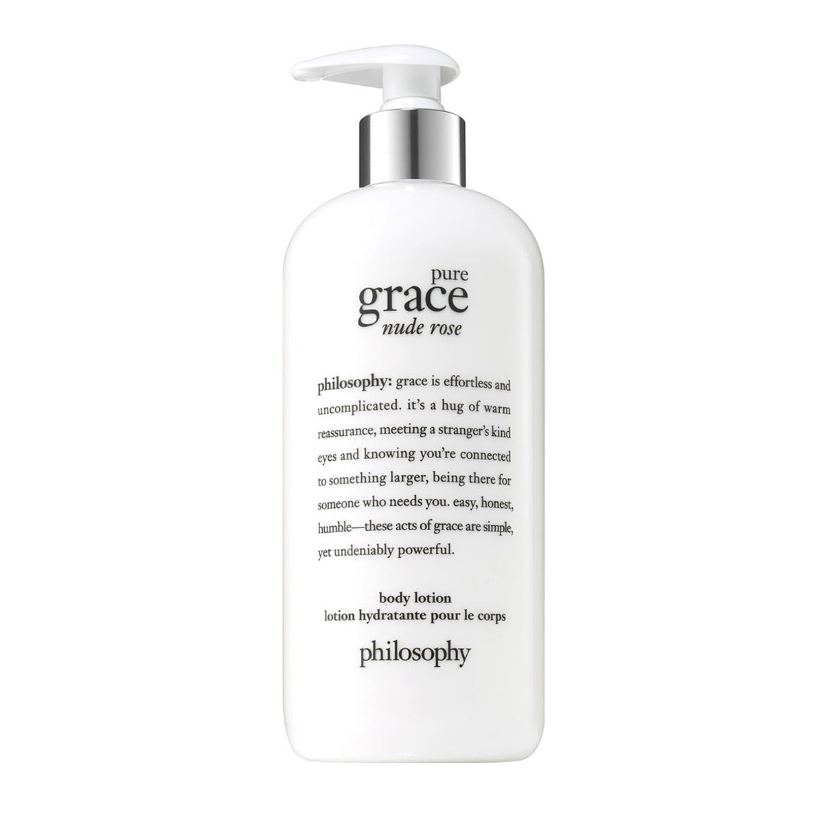 Philosophy Pure Grace Nude Rose lotion white pump bottle with black text body lotion