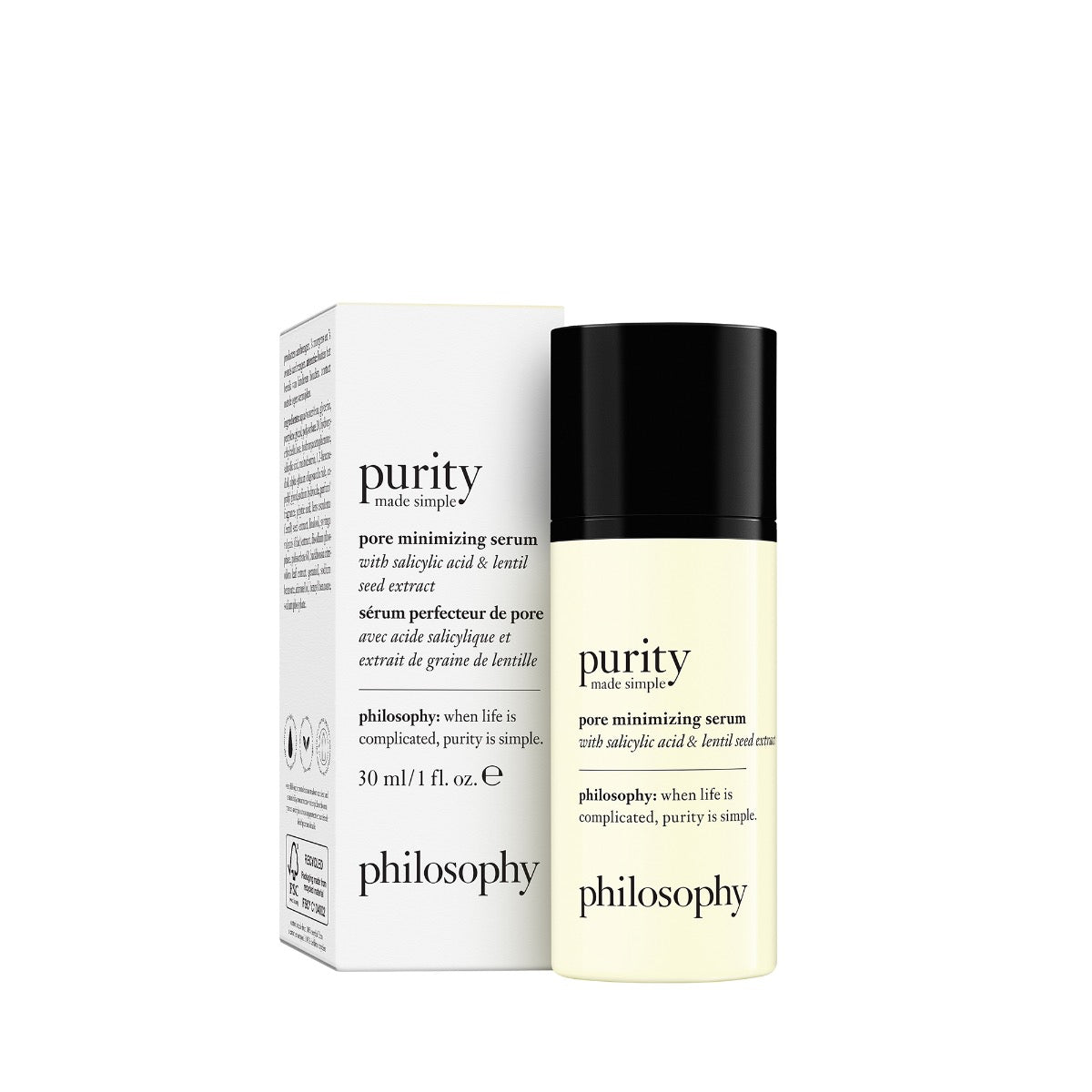 Philosophy Purity pore minimizing serum with salicylic acid and lentil seed extract 30ml bottle and box