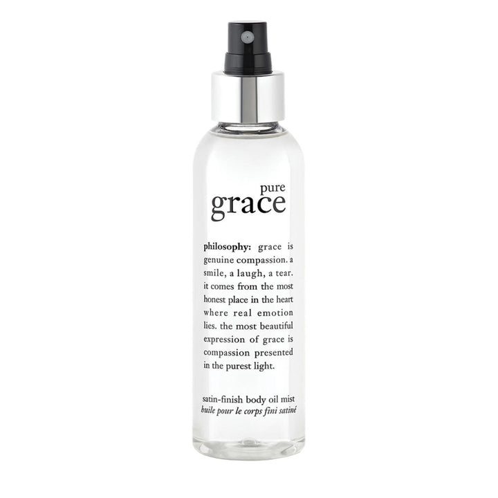 Philosophy pure grace body oil mist in clear bottle with black spray cap and white label text