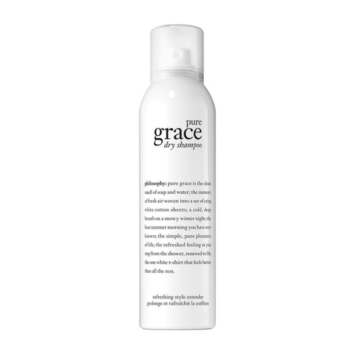 Philosophy Pure Grace dry shampoo white spray bottle with black text and clean design
