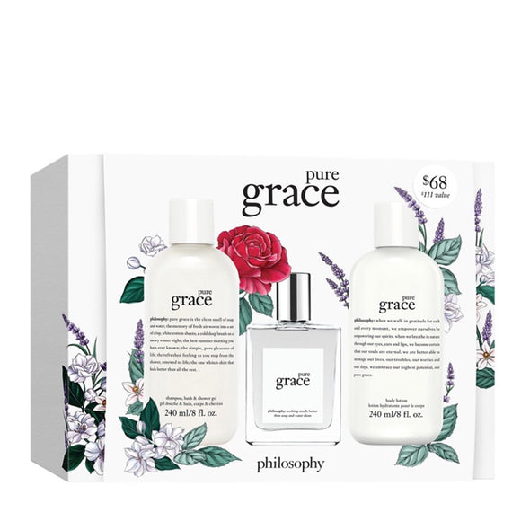 Philosophy Pure Grace gift set with shampoo, perfume, and body lotion in floral packaging