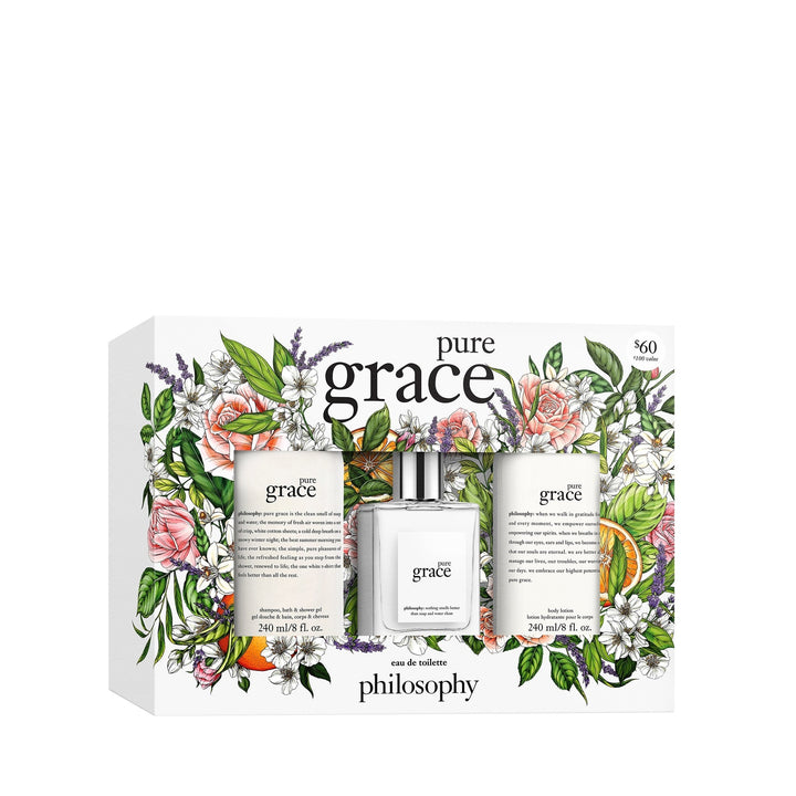 Philosophy Pure Grace gift set with floral design containing shower gel, eau de toilette, and body lotion