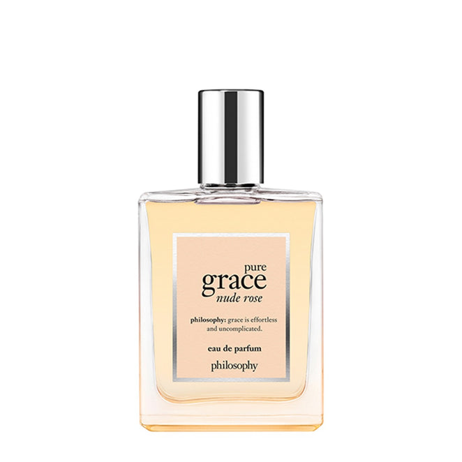 Philosophy Pure Grace Nude Rose perfume bottle with clear glass and silver cap