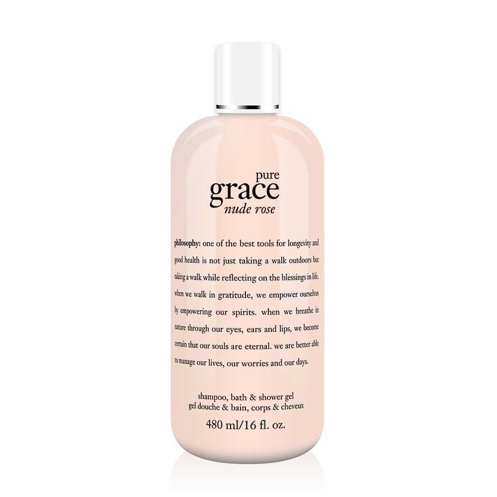 Philosophy Pure Grace Nude Rose shower gel in a 16 oz light pink bottle with white cap
