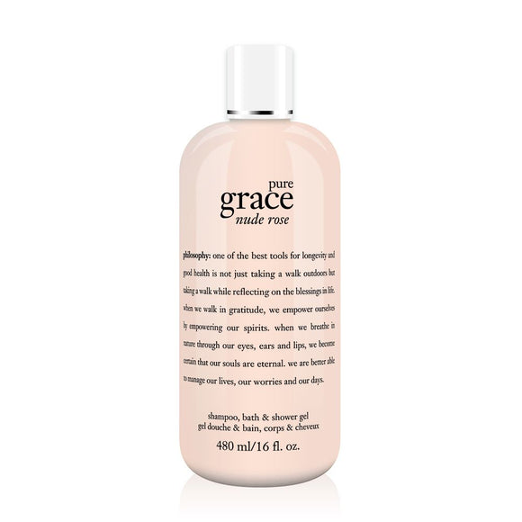 Philosophy Pure Grace Nude Rose shower gel in a 16 oz light pink bottle with white cap