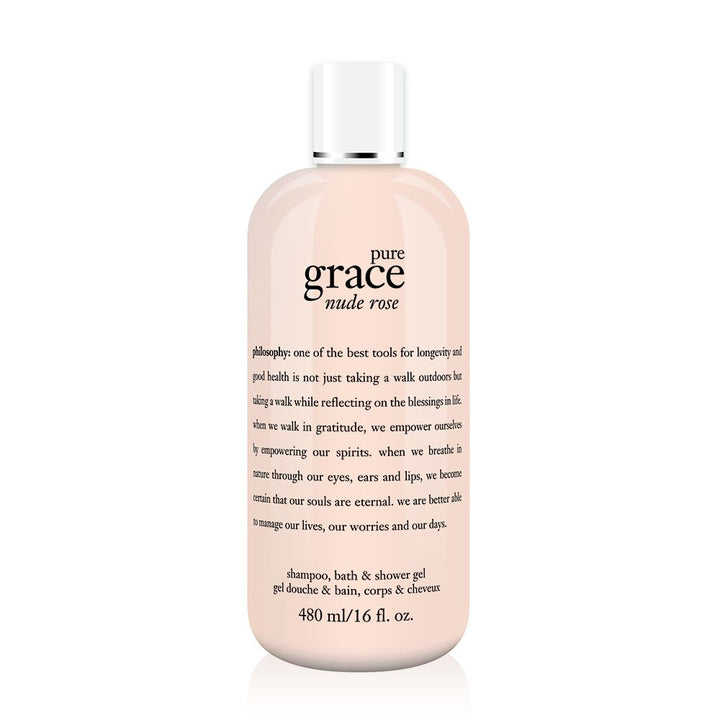 Philosophy Pure Grace Nude Rose shower gel in a 16 oz light pink bottle with white cap