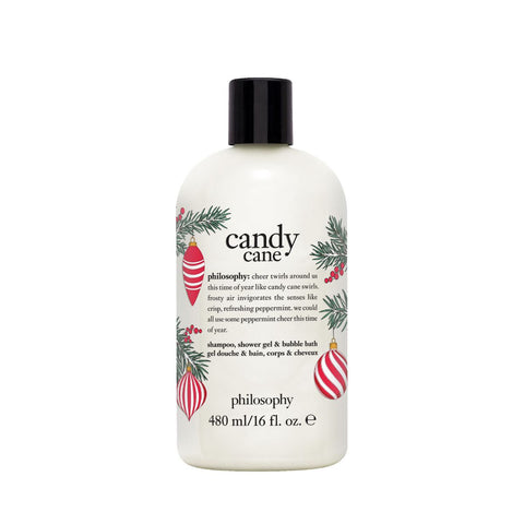 Philosophy shower gel 16 oz Candy Cane scent with holiday-themed packaging and black cap