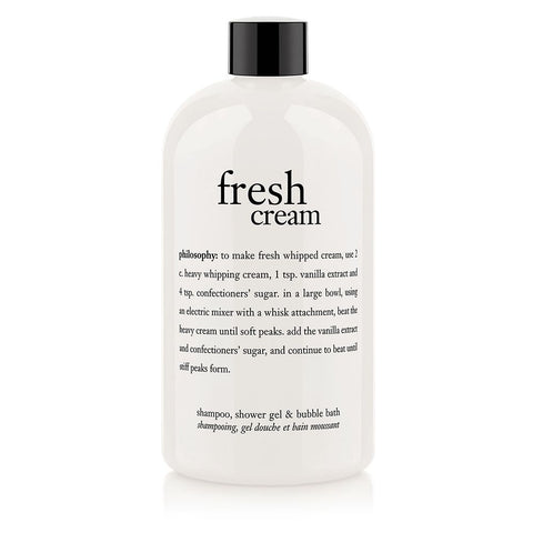 Philosophy shower gel 16 oz Fresh Cream bottle with black cap white label text