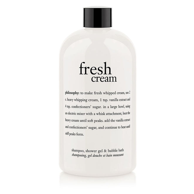 Philosophy shower gel 16 oz Fresh Cream bottle with black cap white label text