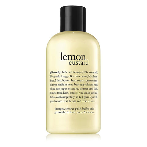 Philosophy shower gel 16 oz lemon custard scent in a translucent bottle with black cap