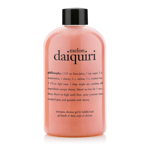 Philosophy shower gel 16 oz melon daiquiri scent in translucent pink bottle with black cap
