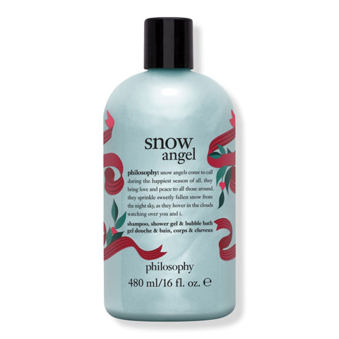 Philosophy shower gel 16 oz Snow Angel scented blue bottle with red ribbon design