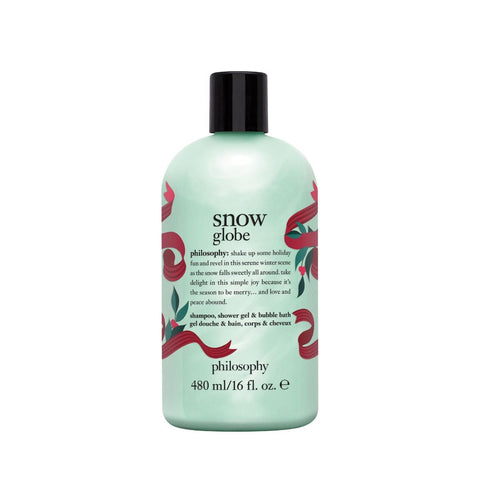 Philosophy shower gel 16 oz Snow Globe scented bottle with holiday themed design and black cap