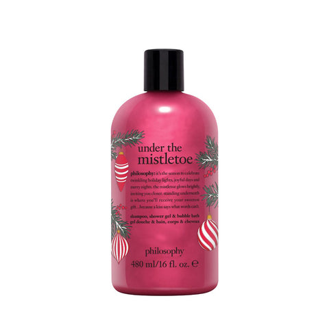 Philosophy shower gel 16 oz in festive red bottle with holiday mistletoe design and black cap