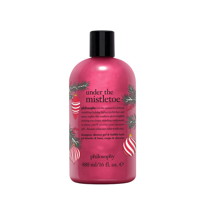 Philosophy shower gel 16 oz in festive red bottle with holiday mistletoe design and black cap