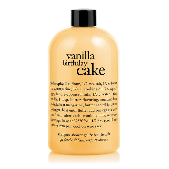 Philosophy shower gel 16 oz vanilla birthday cake scent in a clear bottle with black cap