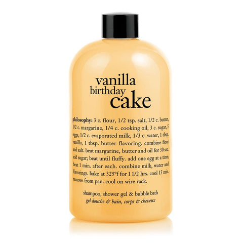 Philosophy shower gel 16 oz vanilla birthday cake scent in a clear bottle with black cap