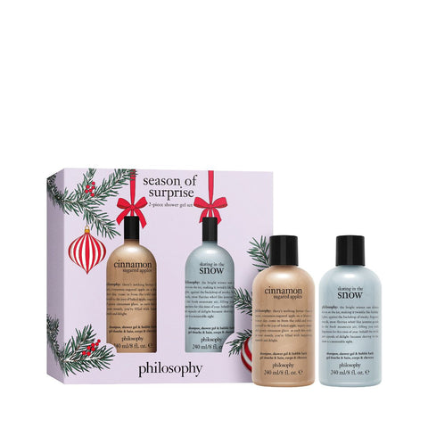Philosophy shower gel set with cinnamon sugared apple and skating in the snow scents in holiday packaging