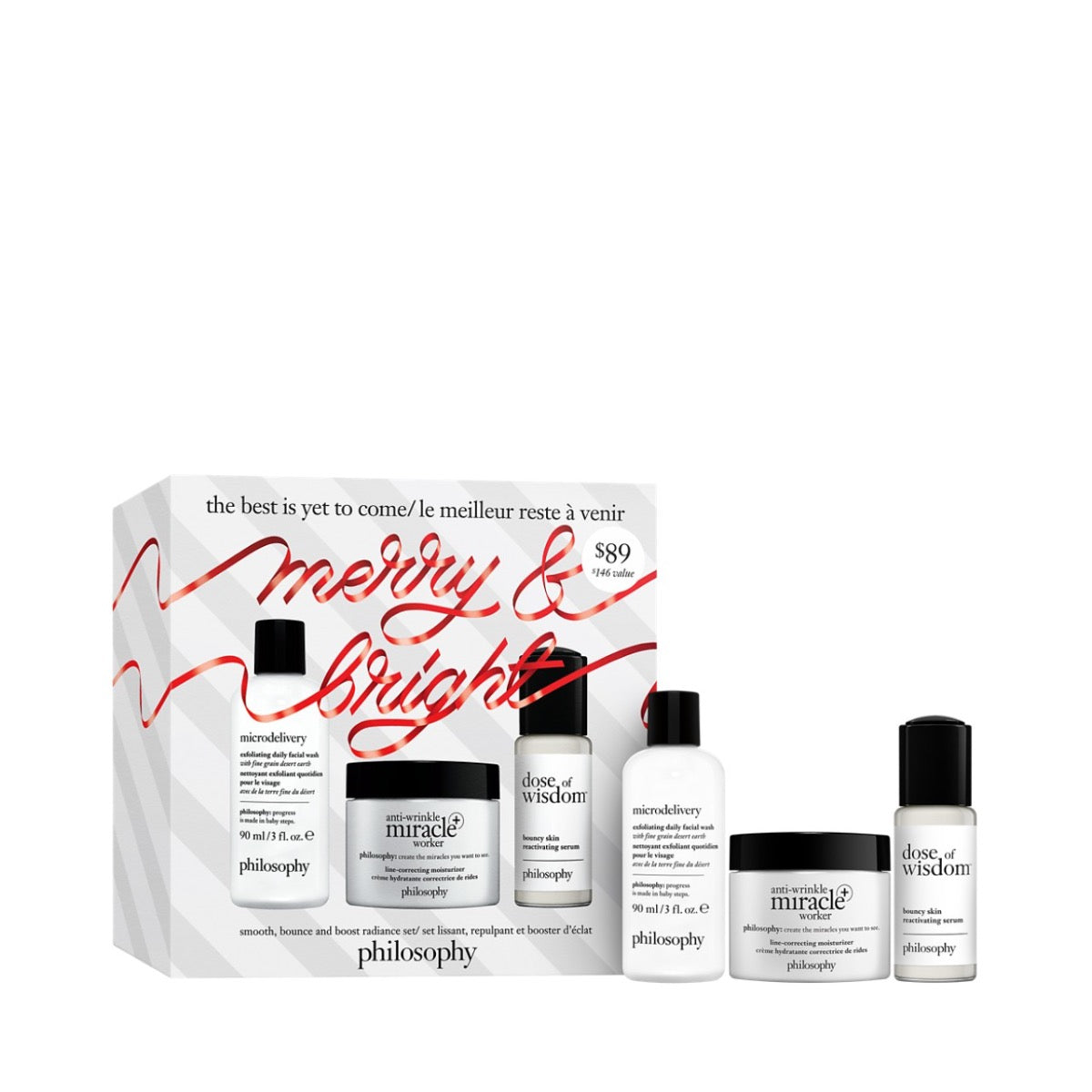 Philosophy skincare gift set with microdelivery and dose of wisdom products in holiday packaging