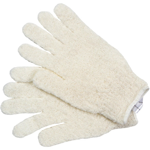 Cala exfoliating bath gloves in white soft textured fabric for gentle skin exfoliation