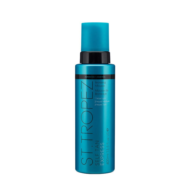 St Tropez self tan mousse in blue bottle with black pump for easy application