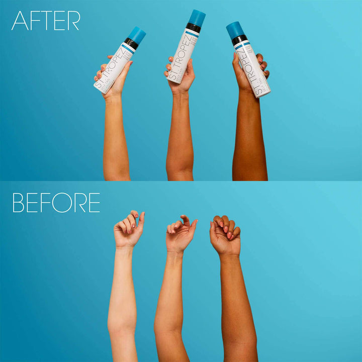 Before and after comparison of arms using St. Tropez self tanning lotion showing natural tan results