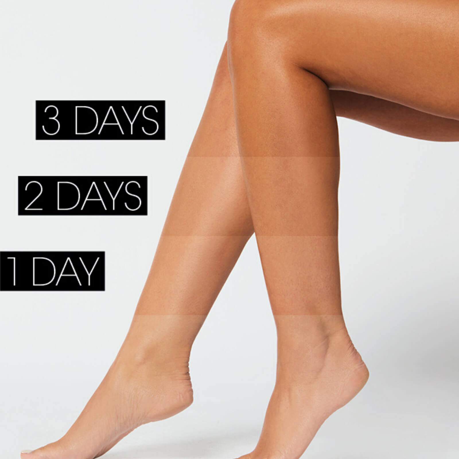 Legs showing progression of light medium gradual tan over 1, 2, and 3 days from St Tropez