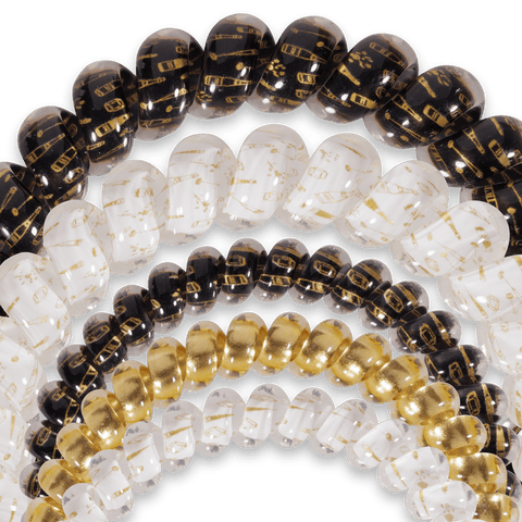 Teleties hair ties multipack featuring clear, black, and gold styles for all hair types