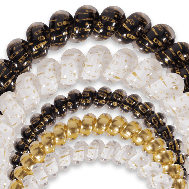 Teleties hair ties multipack featuring clear, black, and gold styles for all hair types