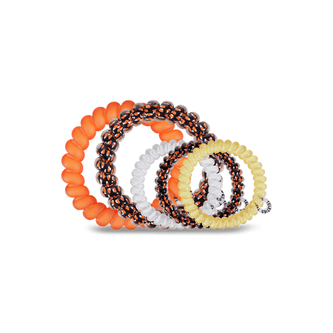 Teleties hair ties multipack in vibrant colors including orange, black, yellow, and clear for all hair types